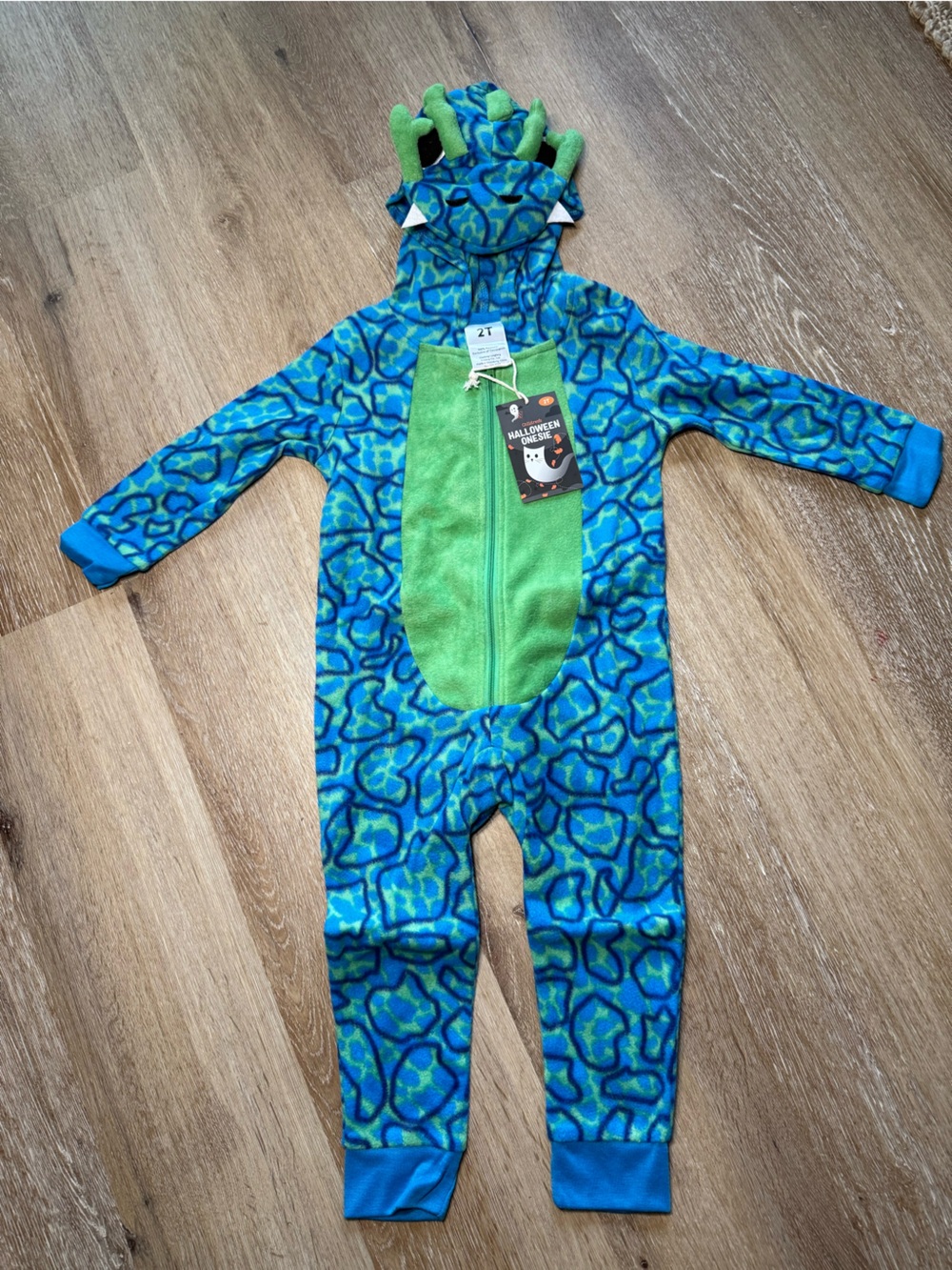Blue & Green Kids Dragon Dinosaur One-Piece Costume with Hood Size 2T